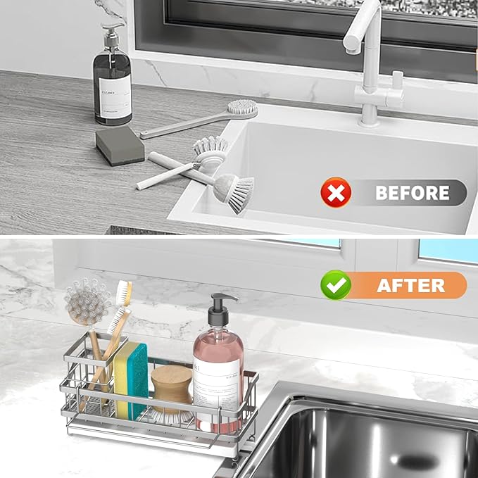 Sponge Holder for Kitchen Sink - Countertop Rustproof Stainless Steel, Kitchen Gadgets Accessories, Sink Caddy (Silver)