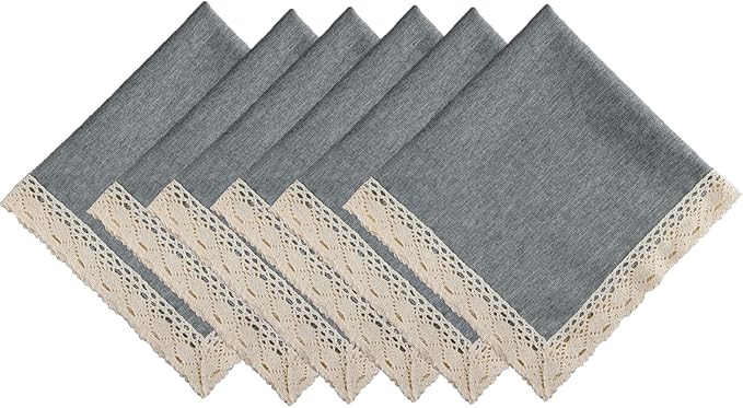 EHouseHome Dinner Cloth Napkins with Lace Trim Waterproof Spillproof Faux Linen Fabric Napkins,Set of 6, 18 x 18 Inch,Grey
