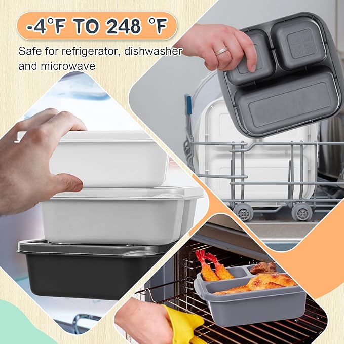 Honeydak 5 Pack Snack Containers 3 Compartment Bento Snack Boxes Divided Meal Prep Containers with Lids Reusable Adults Lunch Food Storage Box for School Work Travel(Black and White Ombre)
