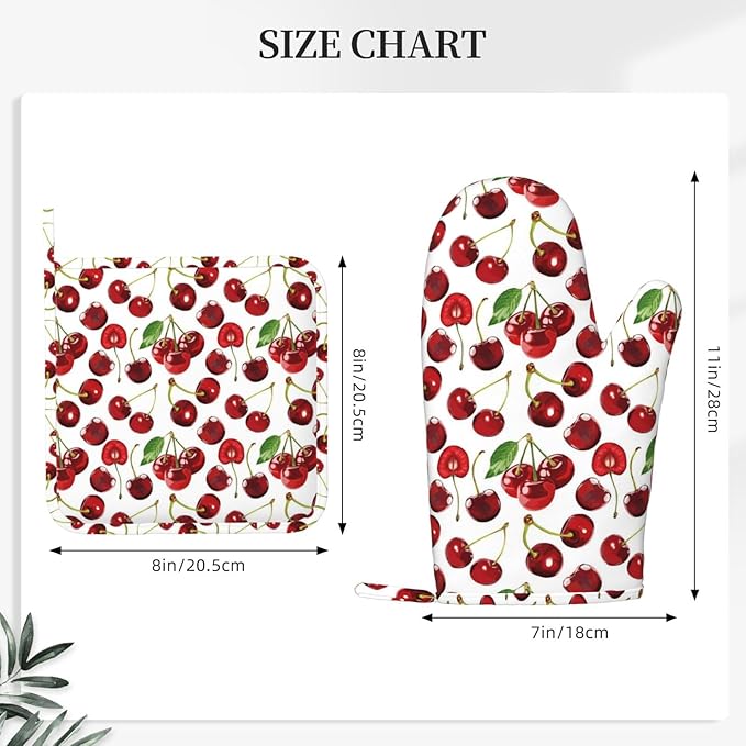 Cherry Fruit Pattern Oven Mitts and Pot Holders 4 pcs Set Silicone Cherry Fruit Kitchen Oven Mitt Gloves Pot Holders Non-Slip Heat Resistant Cooking Mitts Set for Kitchen Baking Grilling BBQ