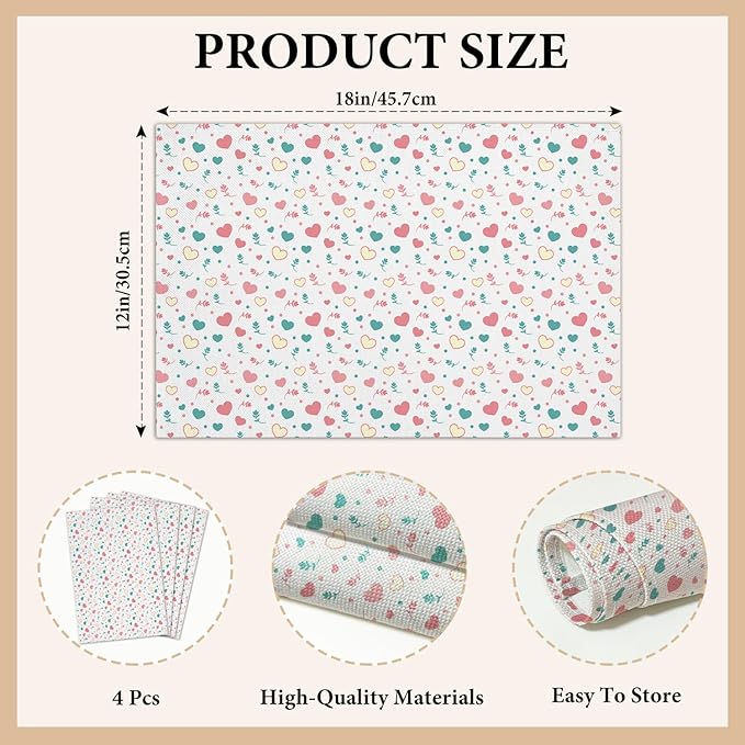Cotton Linen Waterproof Placemats Set of 4, Pink Love Hearts Dining Mat Table Mats Decor Fabric for Kitchen Dinner Coffee Shop Table, Indoor/Outdoor Washable Wipeable Placemat -N032