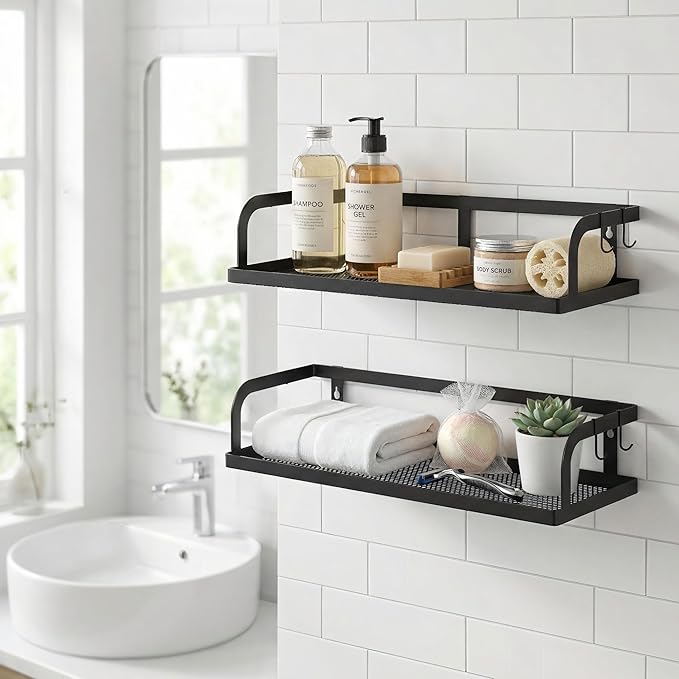 PUSDON 2-Pack Wide Hollowout Shower Caddy & Spice Rack, Wall Mount Bathroom Organizer with Mesh Bottom, Easy Access Cabinet Door Shelf Holds 50LBS - Matte Black, Hollowout