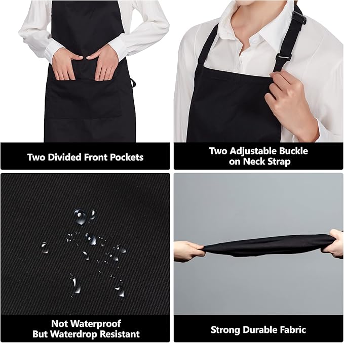 Jubatus 1 Pack 100% Cotton Aprons with 2 Pockets Cooking Chef Kitchen Adjustable Bib Apron for Women Men, Black