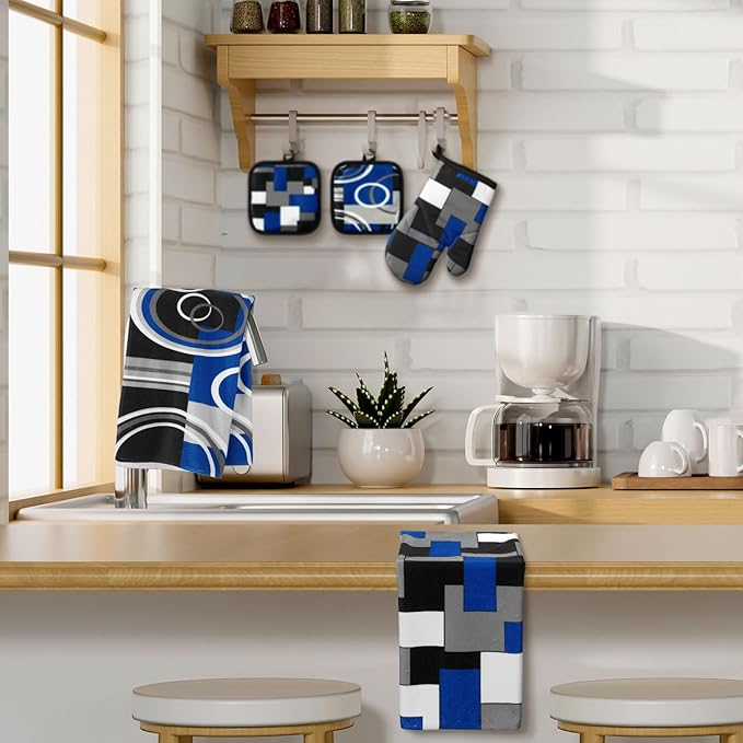 Jingmore 6 Pcs Kitchen Decor Set Accessorie Farmhouse Kitchen Towels Pot Holders Oven Mitts Set 2 Dish Towels 2 Pot Holders 2 Cooking Mittens Oven Glove for Cooking(Blue and Black,Geometric)