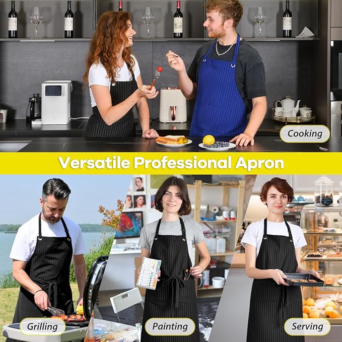ROTANET Stripe Stretch Apron for Men Women Chef Big and Tall Large Striped Aprons with Pockets for Kitchen Cooking Waterproof