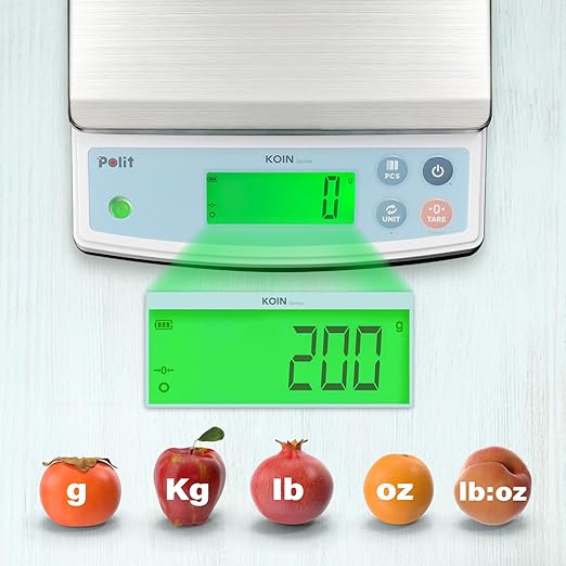 Polit KOIN Digital Food Scale 40lb – High-Capacity Rechargeable Kitchen & Packing Scale with Stainless Tray, 1g Precision and 3-Color Indicator for Baking, Meal Prep and Vendors