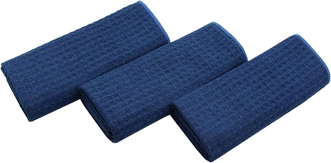Waffle Weave Kitchen Towels - Thick Microfiber Absorbent Tea & Dish Drying Towels - Lint Free - 16Inch x 24Inch - 3 Pack Navy Blue