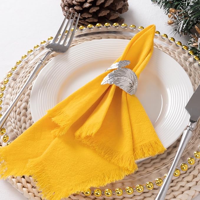 DeZerlor 6 Pack Gold Cotton Linen Napkins with Fringe Thanksgiving Fall Cloth Napkins Set of 6 Boho Handmade Dinner Table Napkins Bulk for Wedding Bridal Baby Shower Christmas Parties, 17 x 17 Inches