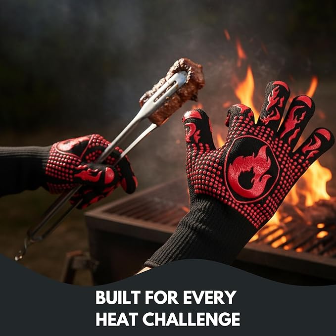 BBQ Grill Gloves, 1472°F Extreme Heat Resistant Grilling Gloves Non-Slip Oven Mitts Potholder, Perfect for Barbecue, Cooking, Baking, Fireplace, Smoker - 2 Pair