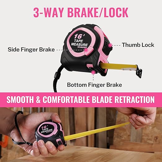 WORKPRO 16-FT Tape Measure with Fractions, 3 Brakes Retractable Measuring Tape, Compact Measurement Tape with Magnetic Hook, Nylon Coating Blade Accuracy 1/32”, Pink