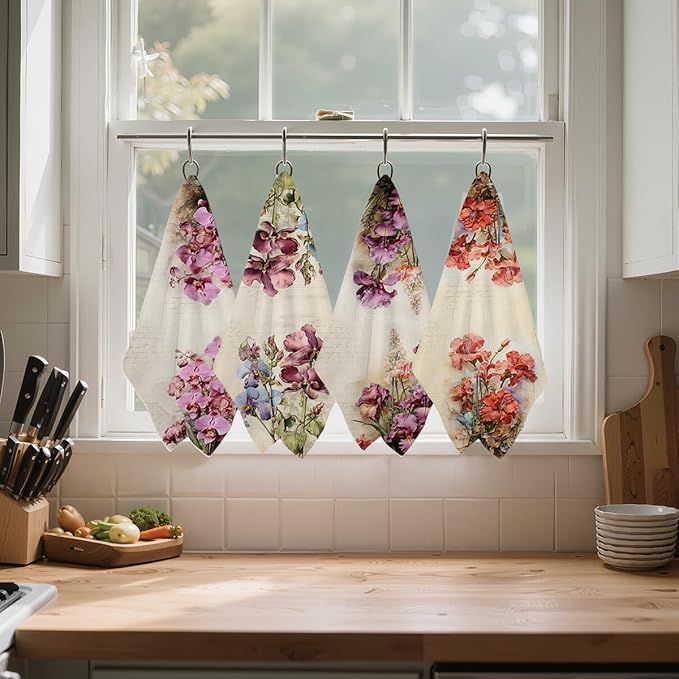 Jztco 4 Pcs Vintage Flower Kitchen Towels, Artistic Decorative Absorbent Microfiber Dish Cloth Tea Towel, Durable Waffle Hand Towels for Farmhouse Home Bathroom, Housewarming Gifts for Women