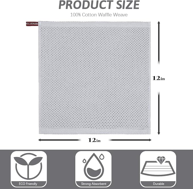 Nialnant 100% Cotton Dish Cloths for Washing Dishes, 4 Pack Waffle Weave Dish Towels,Super Soft Absorbent Cleaning Rags-Light Grey,12x12 Inch