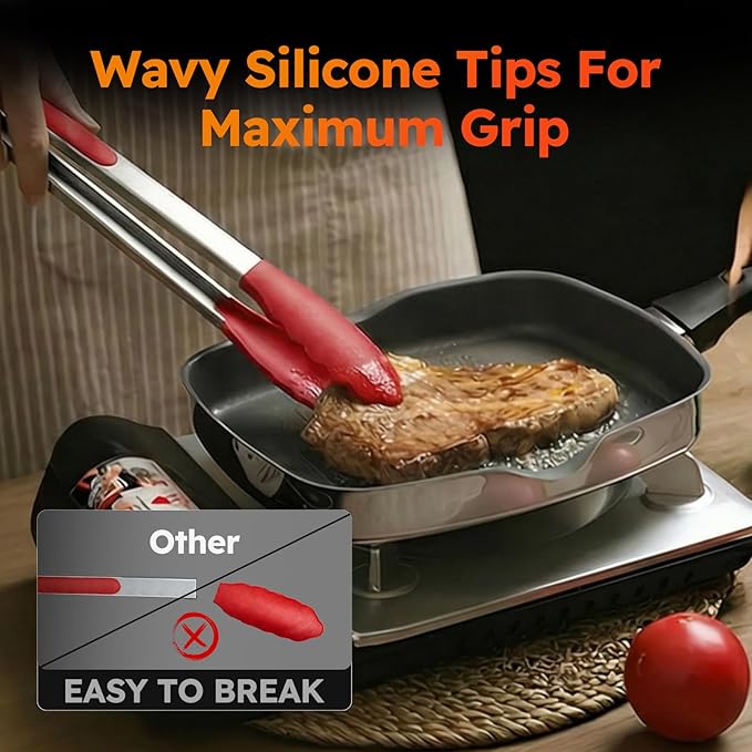 HST Tongs for Cooking with Silicone Tips(3 Pack), Non Stick Kitchen Tongs with Silicone Tip for Cooking BBQ Baking (12", Red)