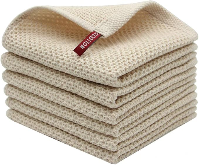 Mia'sDream Natural Cotton Dish Cloths Dish Rags, Waffle Weave Kitchen Dish Towels, Soft Dish Cloths for Washing Dishes, Absorbent Kitchen Hand Towel Washcloths, 12inchx12inch 6 Pack (Beige)