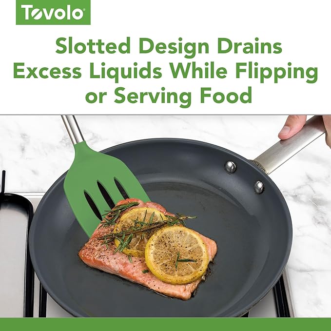 Tovolo Slotted Silicone Spatula Turner Slotted Stainless Steel Handle 10" Pesto Green Heat Resistant Non Toxic BPA Free Kitchen Utensil, Silicone Egg Pancake Flipper Metal Handle Turner for Cooking