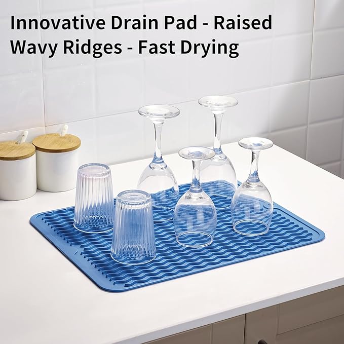 ZLR Silicone Dish Drying Mat & Heat Resistant Trivet (12" x 16") - Waterproof Counter Protector for Air Fryer, Coffee Maker - Non-Slip, BPA Free Kitchen Pad, Easy Clean Dishwasher Safe (Lichen Blue)
