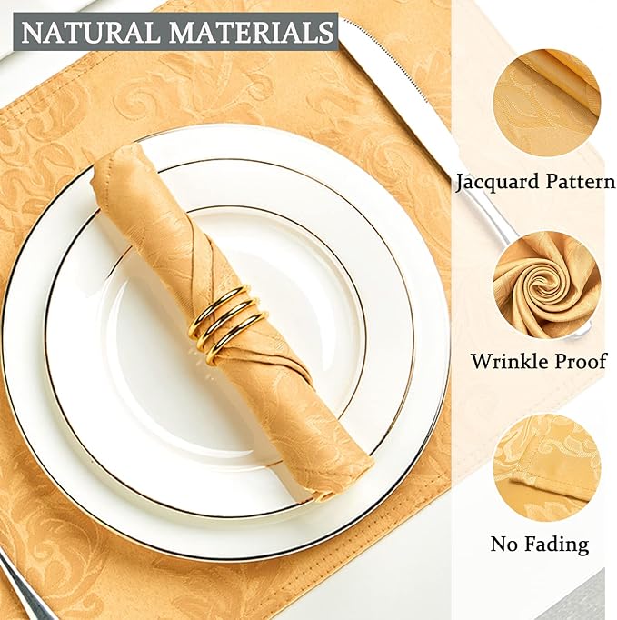 Cloth Napkins Set of 8 – Square 17x17 Inch Jacquard Fabric Polyester Washable Reusable Cloth Napkins for Kitchen Dinner Dining Restaurants Wedding Party Banquet Table (Gold, 17X17 Inch)