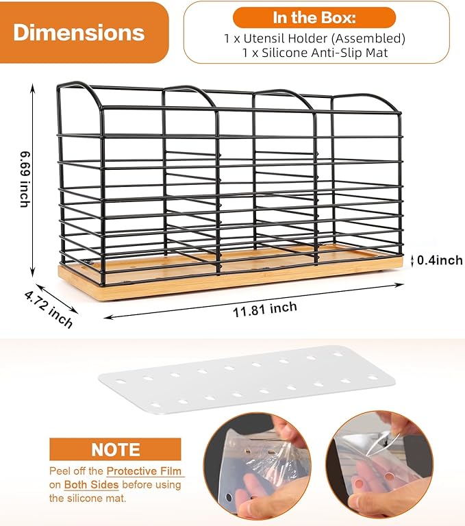 Large Utensil Holder for Kitchen Counter - 11.8"x 6.7"x 4.7", 3 Compartments Aesthetic Design, Kitchen Utensil Holder Utensil Organizer (Metal+Bamboo)