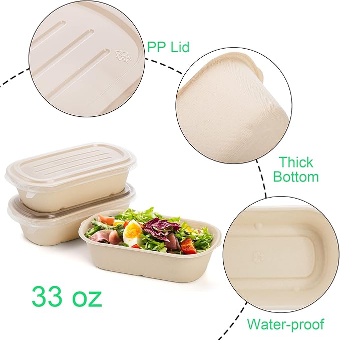 Yesland 50 Pack Take Out Food Containers with PP Lid, 33 Oz Rectangular Disposable Paper Bowls Soup Serving Bowls, Meal Prep Food Containers for Salad, Leftovers