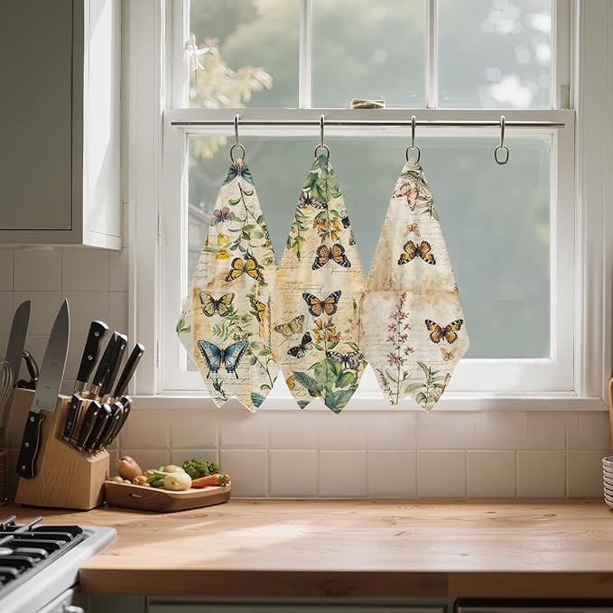 3 Pcs Vintage Butterfly Kitchen Towels, Artistic Decorative Absorbent Microfiber Dish Cloth Tea Towel, Botanical Waffle Hand Towels for Farmhouse Home Bathroom, Butterfly Gifts for Women 1
