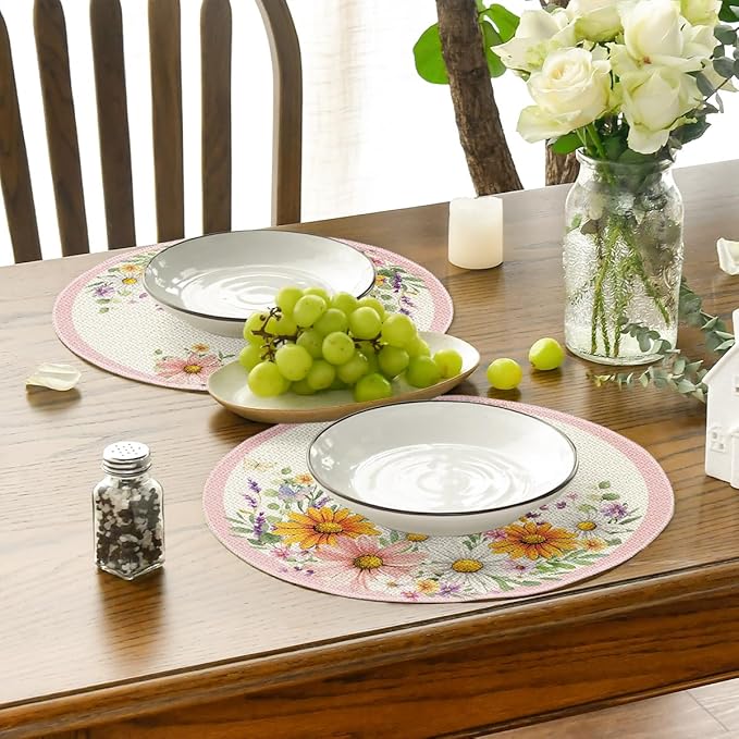 Artoid Mode Pink Sunflowers Butterfly Round Spring Placemats Set of 4, 14 Inch Summer Round Table Mats for Dining Decoration