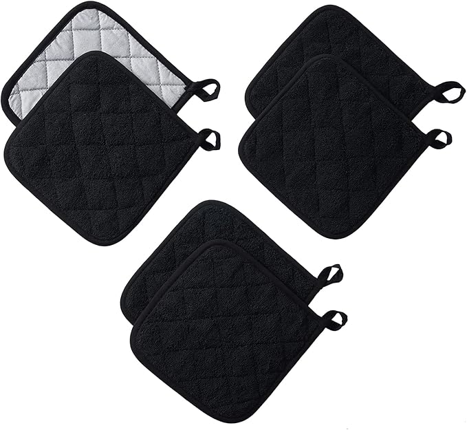 Kitchen Pot Holders Set Heat Resistant Pure Cotton Potholders Kit Trivets Large Coasters Hot Pads Terry Pot Holders for Everyday Cooking and Baking by 7 x 7 Inch Set of 6 Black