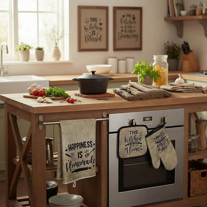 Leinuosen 8 Pcs Kitchen Towels and Oven Mitts Sets Pot Holders Dishcloths Set Kitchen Decorative Accessories Absorbent Potholders Heat Resistant for Chef Baking Cooking