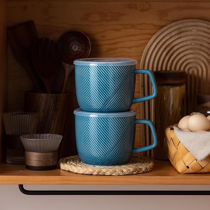 Ceramic Soup Bowl with Lid & Handle: 32 oz Microwave Safe Food Container for Ramen Noodles Cereal Leftovers - Extra Large Mugs for Breakfast Lunch Picnic Camping - Sky Blue, Set of 2