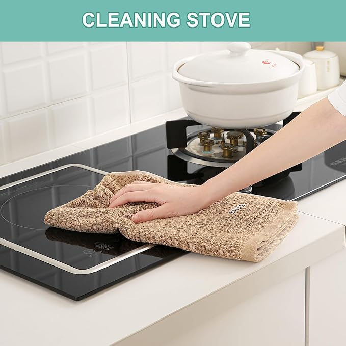 SALAS Kitchen Dish Towels, Bulk Cotton Kitchen Hand Towels, 390 GMS Plaid Dish Cloths Rags for Drying Dishes with Hanging Loop, 16‘’ x 26‘’, 3 Packs, Khaki