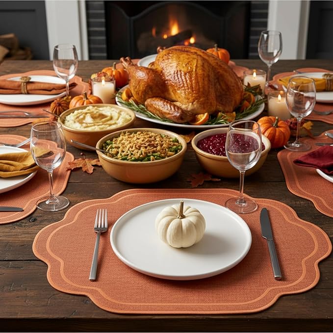 Breling 6 Pcs Wedding Placemats Scalloped Embroidered Cotton Linen Placemats 17" x 13" Double Layered Machine Washable Table Place Mat for Party Table Decor (Orange)