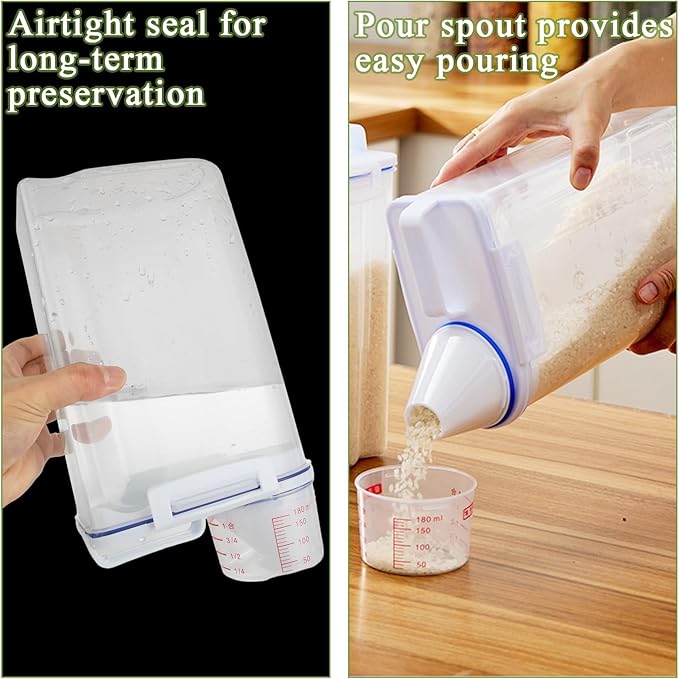 AKOLAFE 4 Pack Flour Container 5LB Pantry Food Storage Containers with Lids Airtight & Measuring Cup Small Air Tight Rice Holder Bin Plastic Cereal Grain Dispenser Kitchen for Sugar Dry Goods Pet Food