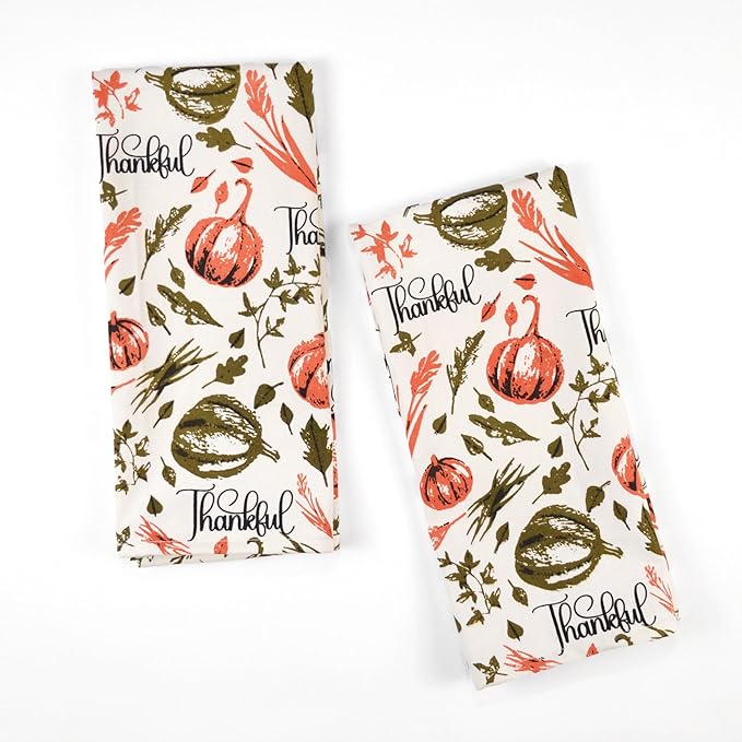 The Fine Living Company Set of 2 Thankful Printed Dish Towels, Hand Towels, Boho Tea Towels - Multifunctional, Stylish, Absorbent, Quick Dry, Soft 18" x28", 100% Cotton, Rust & Olive