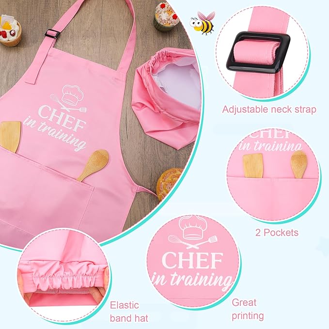 Kids Apron and Chef Hat Set, Funny Apron with 2 Pockets, Adjustable Kids Aprons for Cooking for Boys and Girls