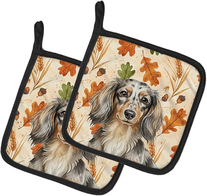 Caroline's Treasures Longhaired Dapple Dachshund Heirloom Fall Pair of Pot Holders Pair 7.5x7.5 Quilted Insulated Hot Pads Decorative Kitchen Gift Made in USA