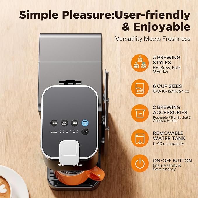 Tastyle Hot & Iced Coffee Maker with Magnetic K-Pod Organizer (Pods Not Included), Stores 10 Pods, 4-5 Cups Coffee Maker & Single-serve Brewer for K Cup & Grounds, 40oz Removable Water Tank, Black