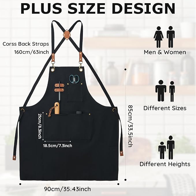 Plus Size Canvas Aprons, Kitchen Chef Aprons, Unisex Heavy Duty Work Apron, Adjustable Strap Apron with Pockets