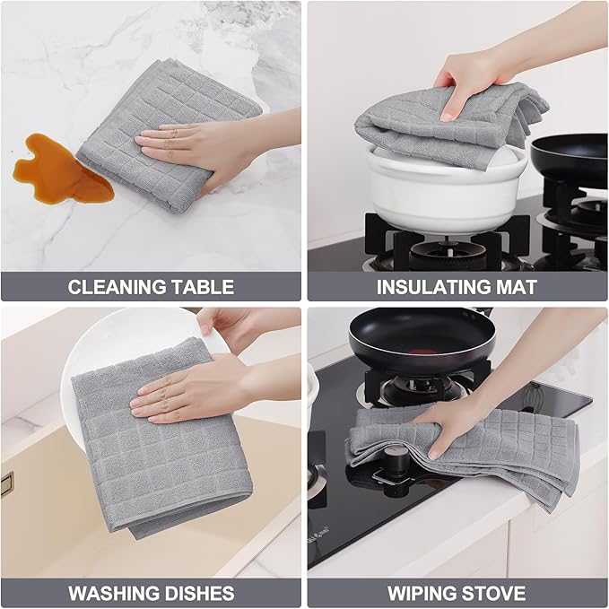 Homaxy Premium Cotton Kitchen Towels 16"x 28", Large Natural Ring Spun 390 GSM Dish Towels, Super Absorbent Terry Kitchen Hand Towels, Soft Tea Towels with Hanging Loop, Pure Light Grey Design, 6 Pack