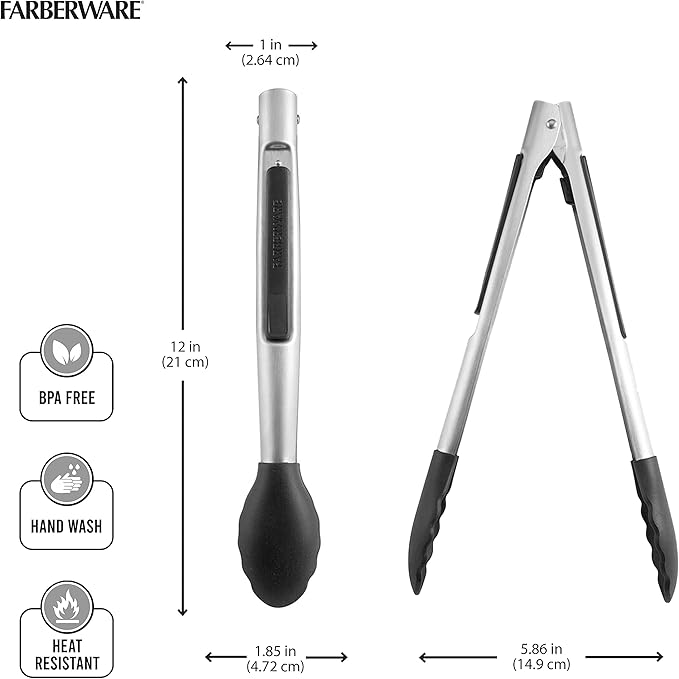 Farberware Pro 5282802 Silicone Head One Hand Lock Tong, 12-Inch, Black