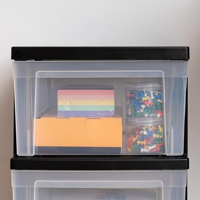 IRIS USA Plastic Drawer Storage Organizer, 3-Drawers, 2-Pack, for Classroom Art Craft Supplies, Bathroom Bedroom, Laundry Room, Black/Clear