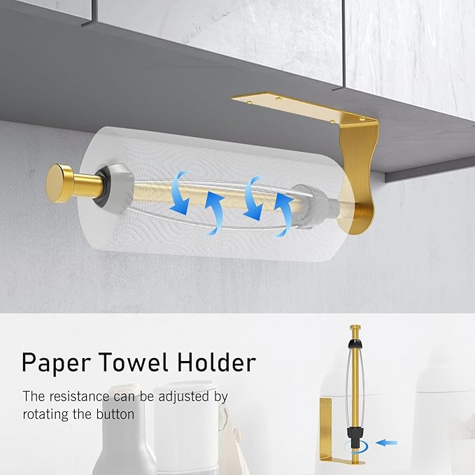 SetSail Paper Towel Holder, Single Hand Operable Paper Towel Holder Under Cabinet with Adjustable Damper Easy Tear Wall Mount Self-Adhesive or Drilled for Kitchen Bathroom, Gold