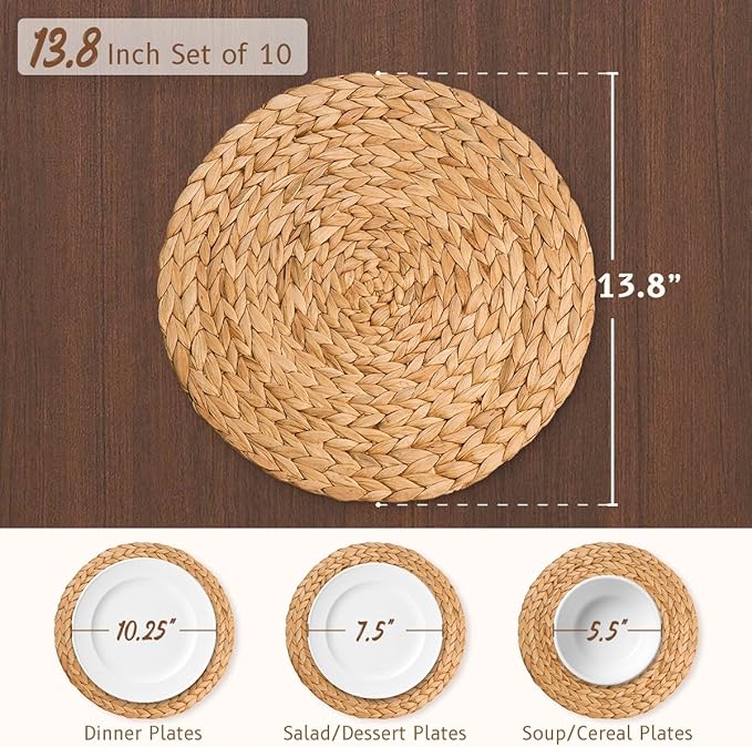 13.8 in Plate Chargers Round Woven Placemats Set of 10, Boho Farmhouse Rustic Place Mats for Dining Table Decor, Rattan Wicker Table Mats Jute Braided Chargers for Dinner Plates