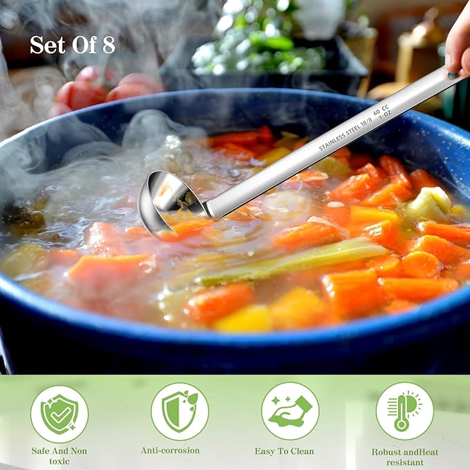 8 PCS Stainless Steel Ladle Soup Handle Ladle with Pouring Rim for Kitchen Cooking Soup Sauce (1 oz)
