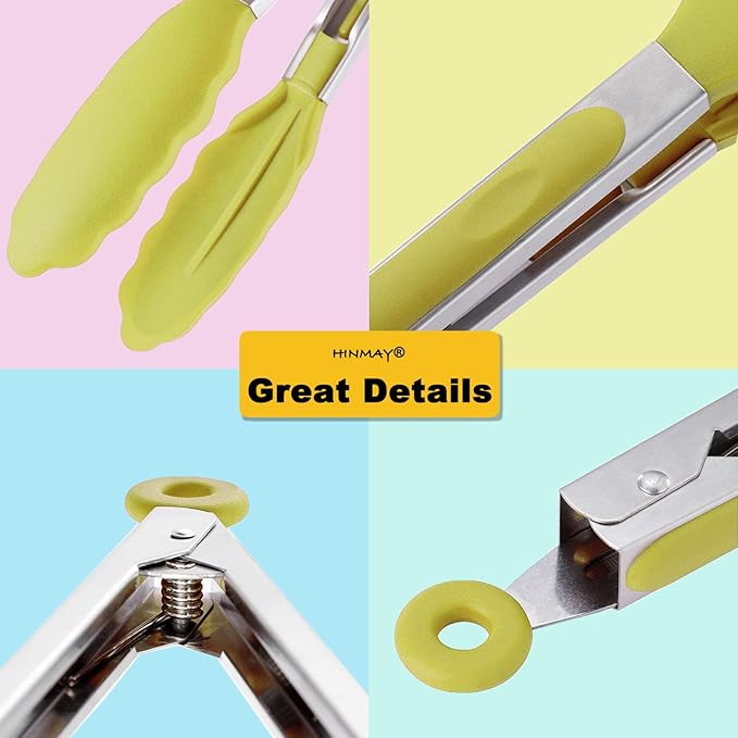 HINMAY Silicone Tipped Tongs 9-Inch Kitchen Cooking Tongs, Set of 3 (Yellow)