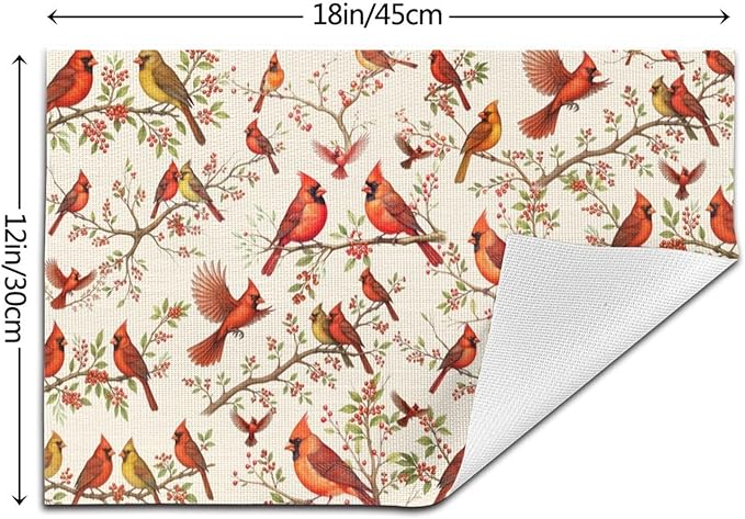 Red Cardinal Linen Placemats Set of 4, Washable Non-Slip Heat-Resistant Bird Berry Printed Table Mats for Kitchen Dining Table, Gift for Bird Lovers, Nature & Christmas Enthusiasts, Kitchen Home Decor