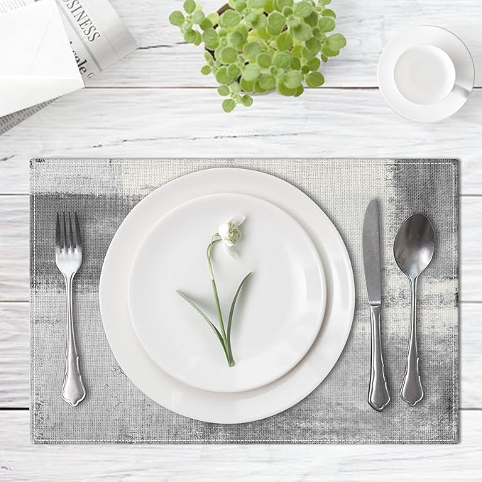 Emvency Farmhouse Placemats Set of 6, Modern Grey Minimalist Grunge 12x18 Inch Linen Rectangular Place Abstract Grey Table Mats for Indoors & Outdoor Home Party Kitchen Dining Decoration