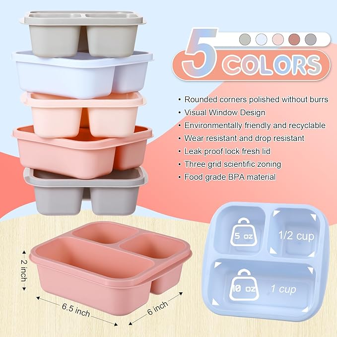 Honeydak 5 Pack Snack Containers 3 Compartment Bento Snack Boxes Divided Meal Prep Containers with Lids Reusable Adults Lunch Food Storage Box for School Work Travel(Morandi Color)