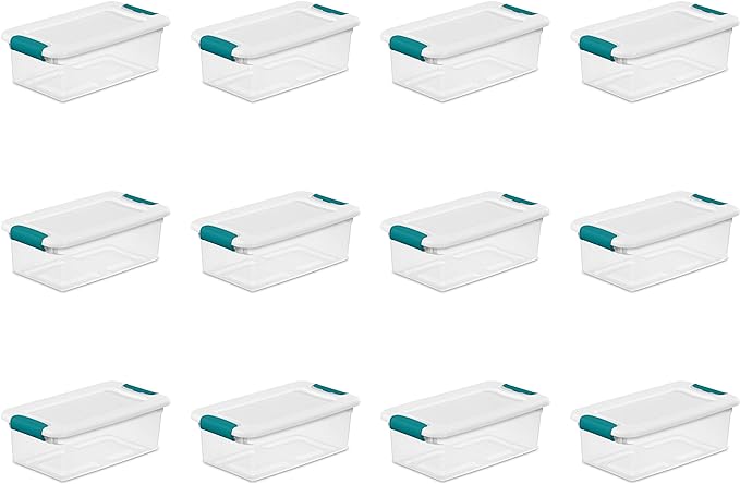 Sterilite 6 Qt Latching Storage Box, Stackable Bin with Latch Lid, Plastic Container to Organize Shoes on Closet Shelf, Clear with White Lid, 12-Pack