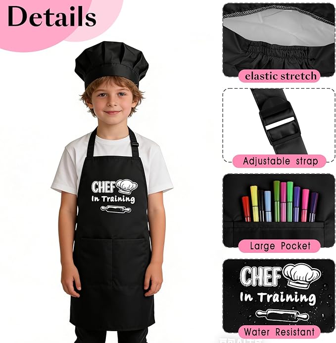 Kids Apron and Chef Hat Set Adjustable Child Aprons with 2 Large Pockets for Girls Boys Cooking Baking Painting Gift