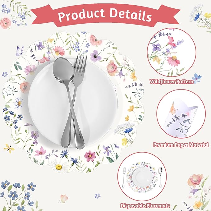 60Pcs Spring Flower Paper Placemats, 13.5 Inch Disposable Floral Placemat Round Wildflower Butterfly Place Mats Scalloped Table Mat for Mother's Day Wedding Banquet Baby Shower Bridal Shower Tea Party