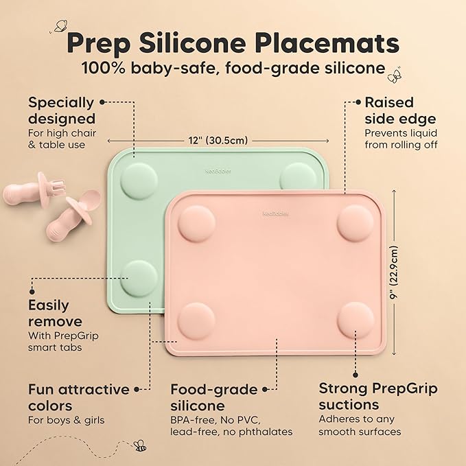 KeaBabies 2pk Silicone Placemats for Toddlers, Kids - 12x9 Non Slip Suction Baby Silicone Placemat for Restaurants, Dining Table,Travel, Easy to Clean,Food Grade/BPA-Free,Small Baby Table Mat(Mellow)